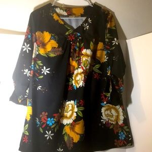MIUSEY vibrant floral top size large tapered sleeves yellow black bold tropical